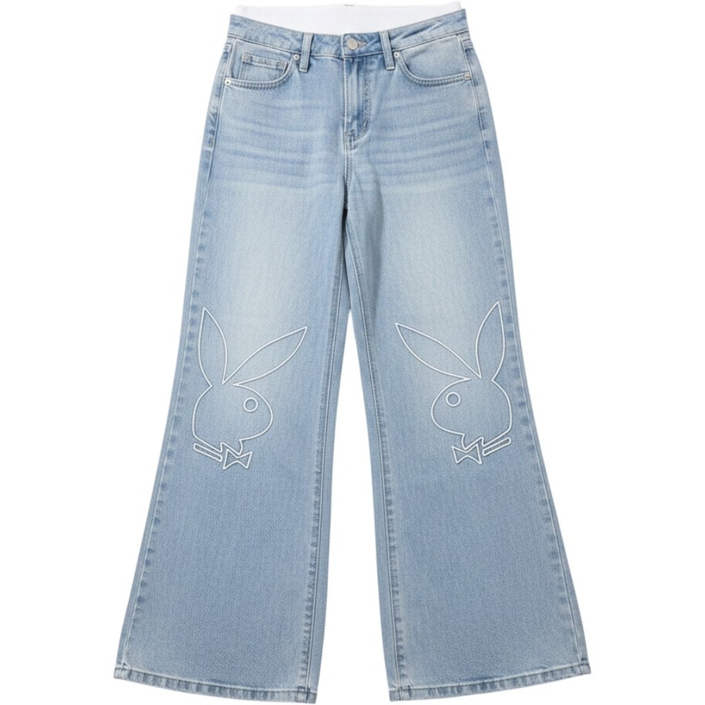 Playboy Wide Leg Jeans Women Size 5 Light Blue Excellent Double Waistband Denim‎